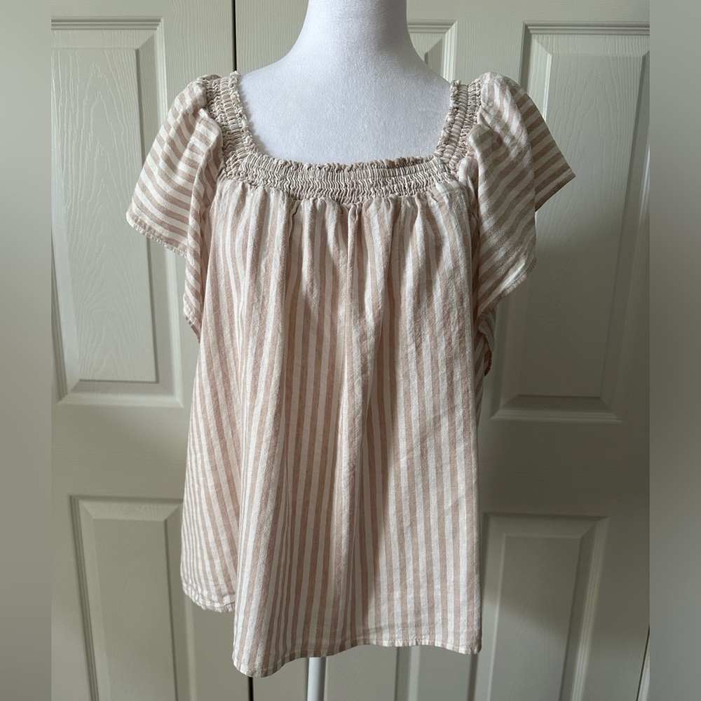A New Day, Linen Top, elastic, flutter sleeve, stripes, loose fit, Large